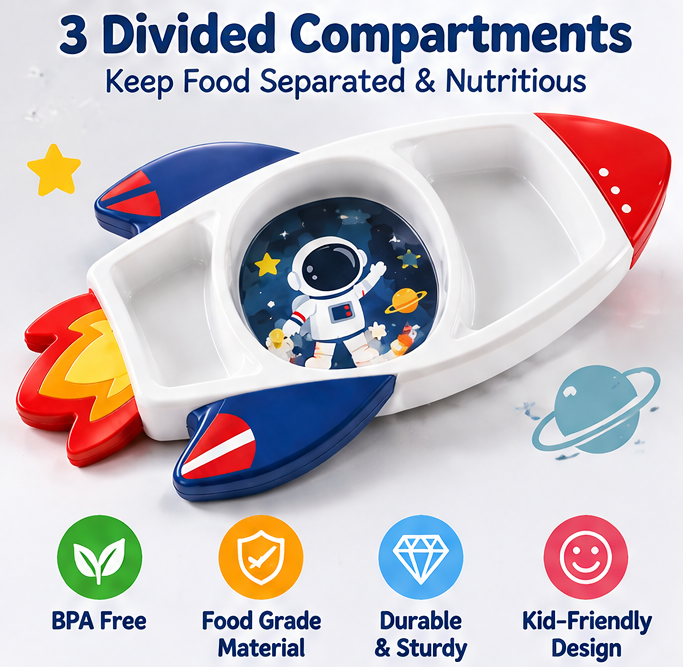 👨‍🚀 MYORVIVAO® Little Astronaut 3-Piece Rocket Dinnerware Set