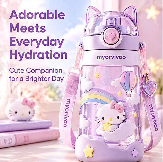 🧸 MYORVIVAO® Kawaii 3D Cartoon Water Bottle Leak-Proof BPA-Free with Straw & Strap