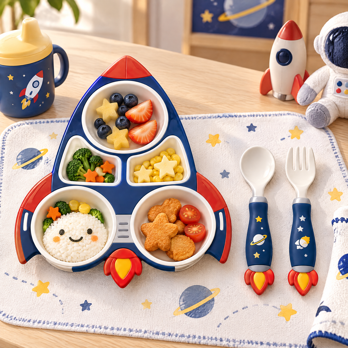🚀 MYORVIVAO® Space Rocket 5-Compartment Kids Dinnerware Set