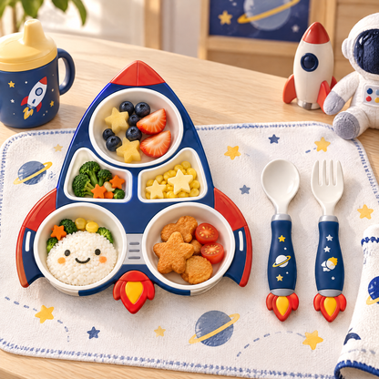 🚀 MYORVIVAO® Space Rocket 5-Compartment Kids Dinnerware Set