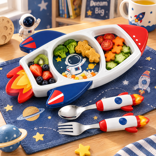 👨‍🚀 MYORVIVAO® Little Astronaut 3-Piece Rocket Dinnerware Set