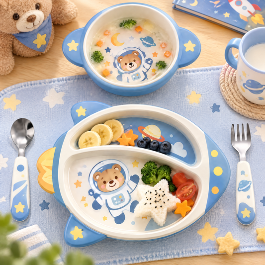 🐻 MYORVIVAO® Space Astronaut Bear 5-Piece Kids Dinnerware Set