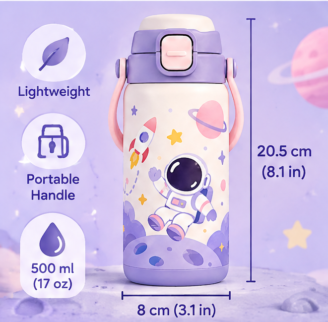 🪐 MYORVIVAO® Space Explorer Kids Insulated Water Bottle – 17oz