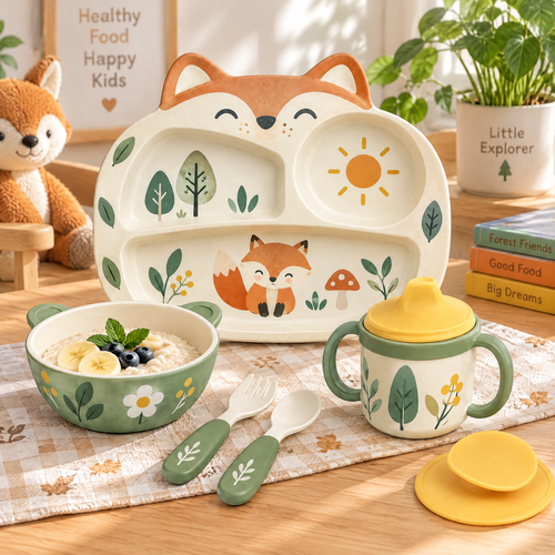 🦊 MYORVIVAO® Fun Fox 4-Piece Bamboo Kids Dinnerware Set