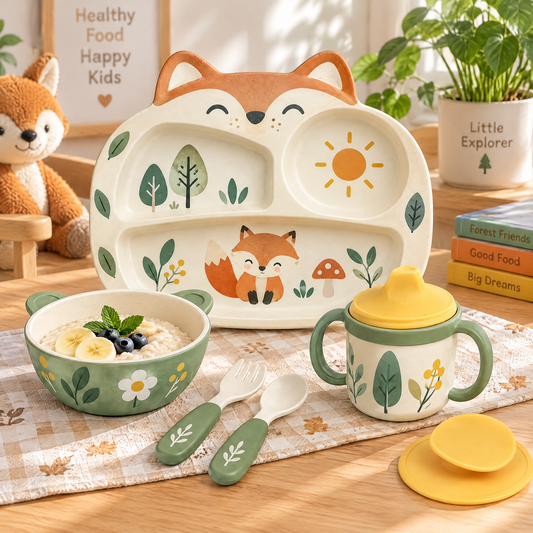 🦊 MYORVIVAO® Fun Fox 4-Piece Bamboo Kids Dinnerware Set