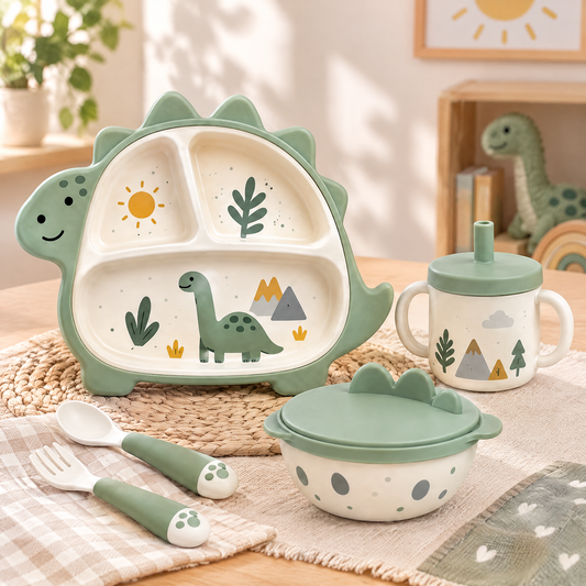 🍽️ MYORVIVAO® Dino Mealtime Set – 5-Piece Silicone Toddler Feeding Set