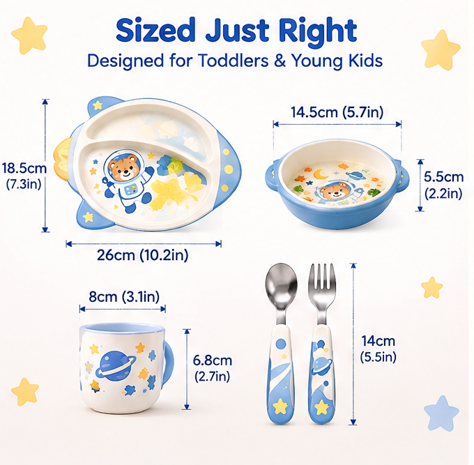 🐻 MYORVIVAO® Space Astronaut Bear 5-Piece Kids Dinnerware Set