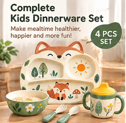 🦊 MYORVIVAO® Fun Fox 4-Piece Bamboo Kids Dinnerware Set