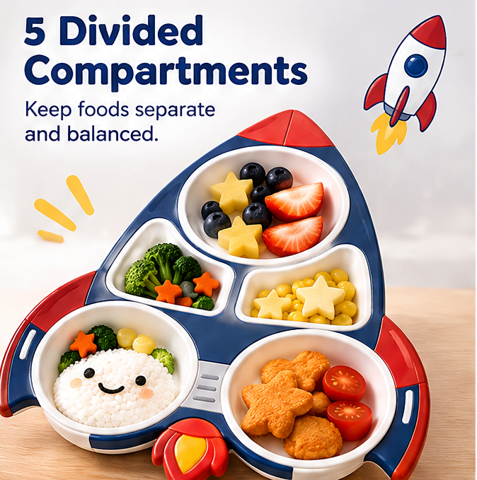 🚀 MYORVIVAO® Space Rocket 5-Compartment Kids Dinnerware Set