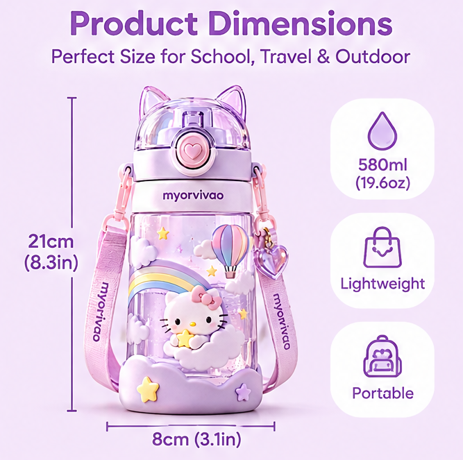 🧸 MYORVIVAO® Kawaii 3D Cartoon Water Bottle Leak-Proof BPA-Free with Straw & Strap